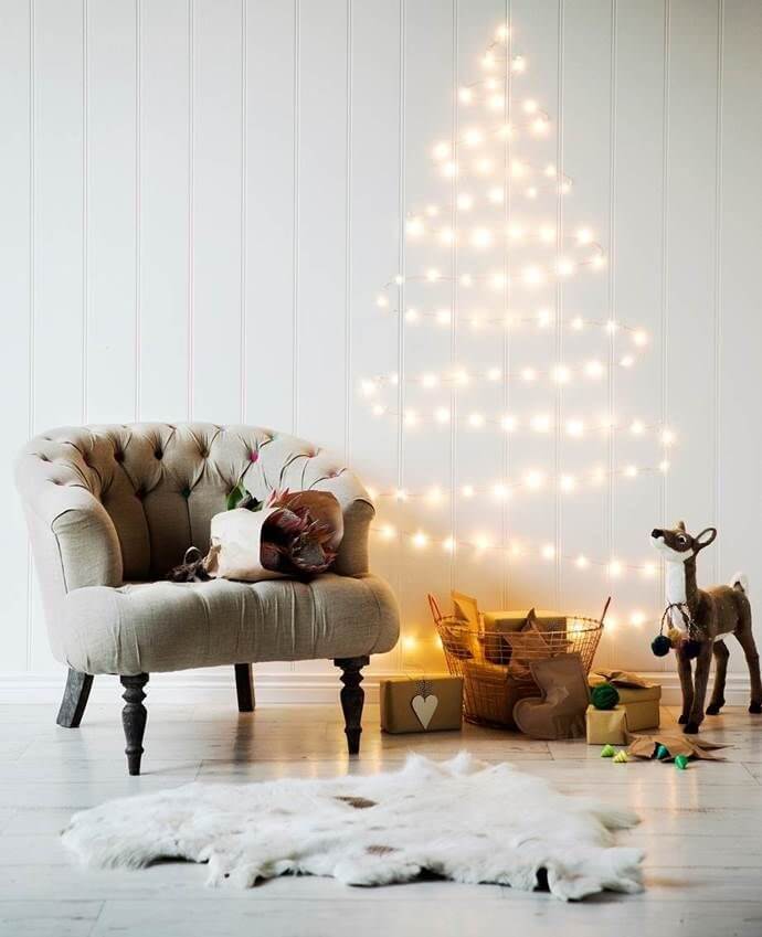 Living Room Wall Art Christmas Tree Made of String Lights — Minimalist Christmas Tree
