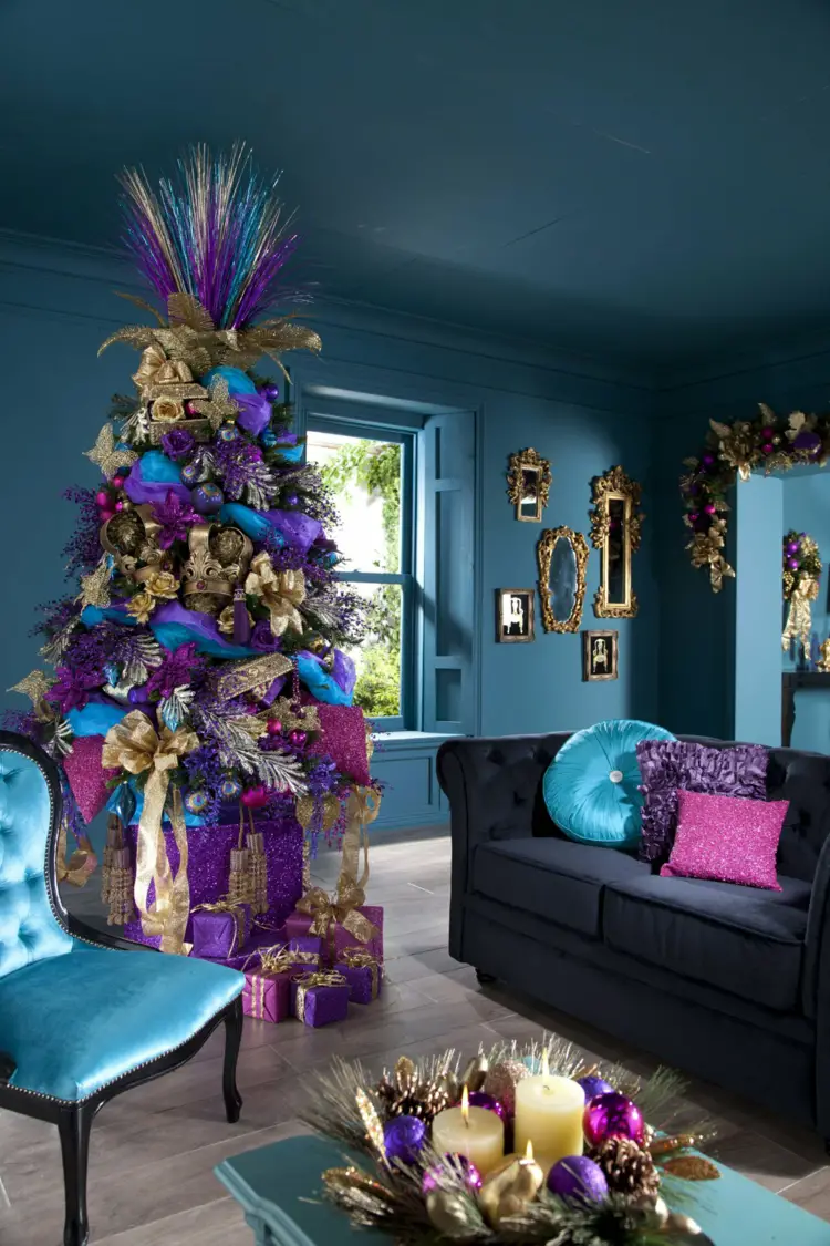 Maximalist Eclectic Living Room with a Teal and Purple Christmas Tree — Christmas Living Room Decor