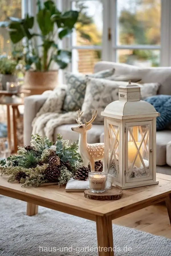 Rustic Living Room Coffee Table with Lantern and Deer Figurine Rustic Living Room Coffee Table with Lantern and Deer Figurine — Christmas Coffee Table Decor