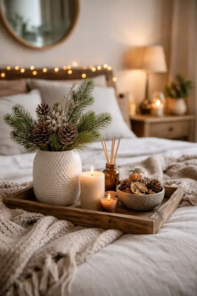 Cozy Bedroom Tray Decor with Pinecones and Candles — Winter Decor After Christmas