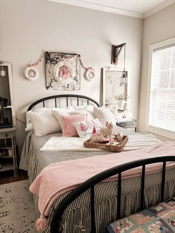Farmhouse Bedroom with Plaid Bedding and Flocked Tree — Christmas Bedroom Decor