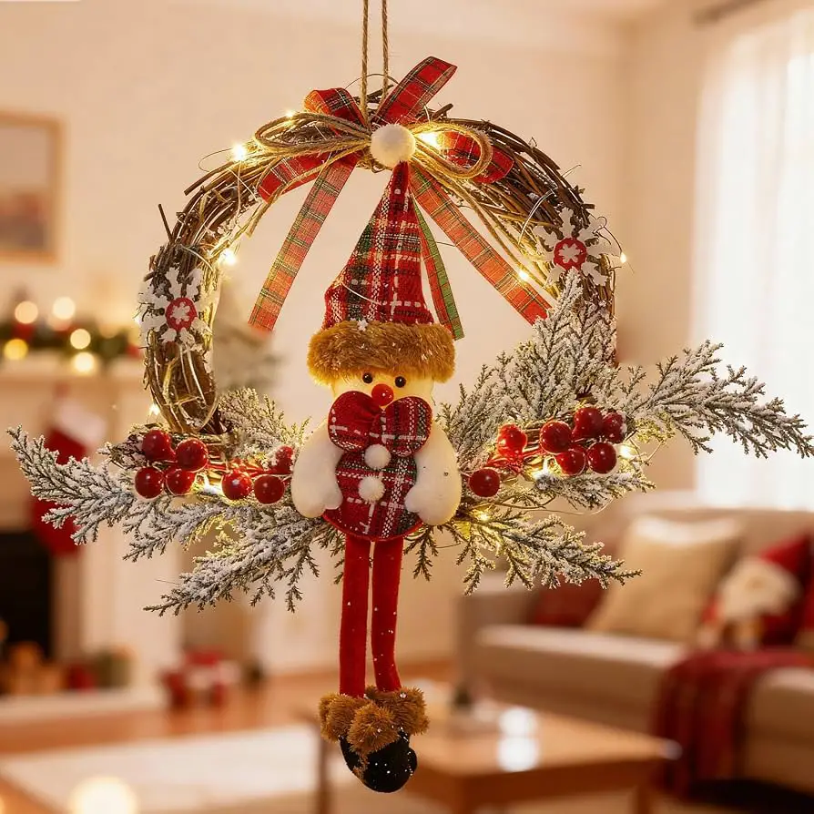 Traditional Wreath with Snowman Figure and LED Lights Traditional Wreath with Snowman Figure and LED Lights — Christmas Window Wreaths