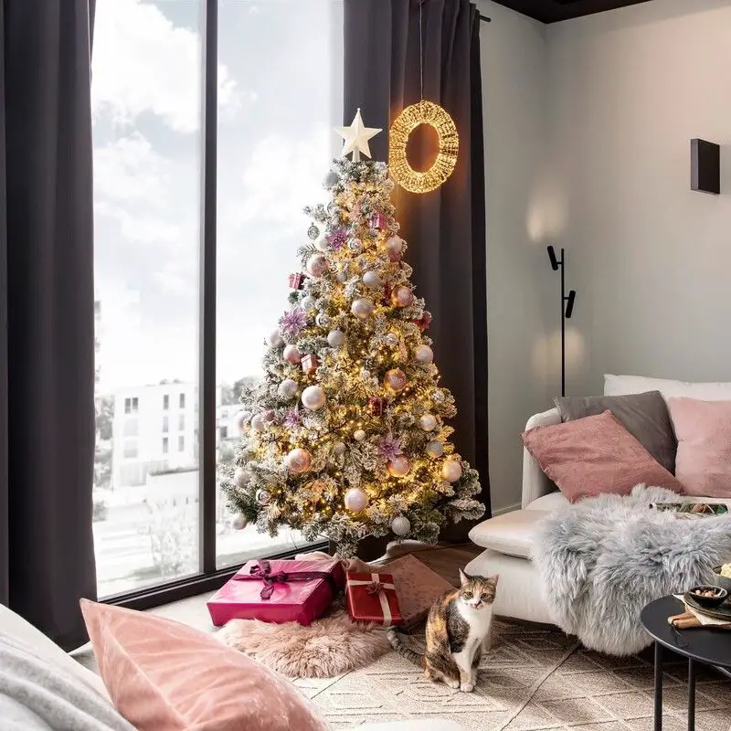 Modern Flocked Christmas Tree with Pink Accents — Christmas Apartment Decor