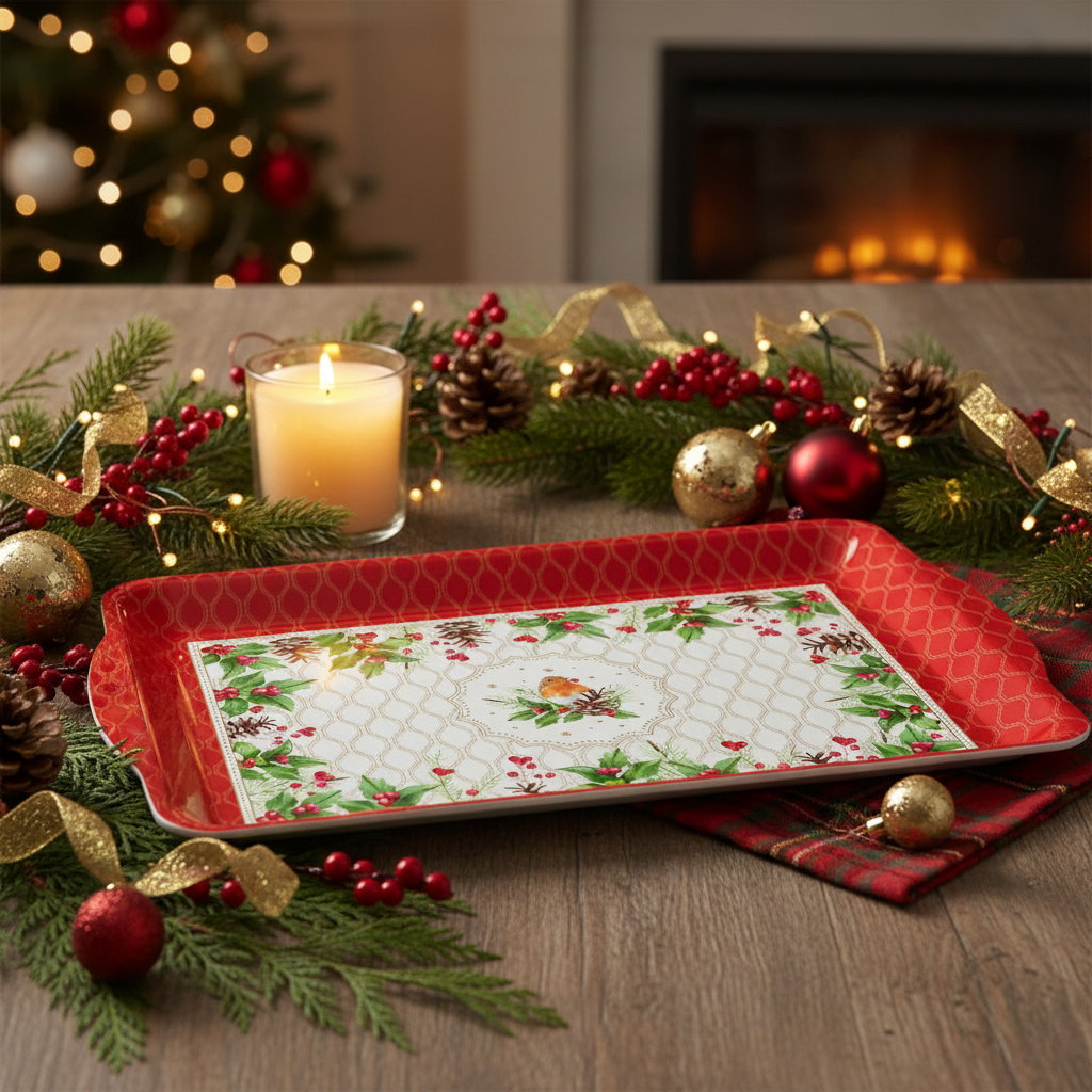Festive Red Ceramic Tiered Tray with Holly and Gold Baubles — Christmas Tiered Tray