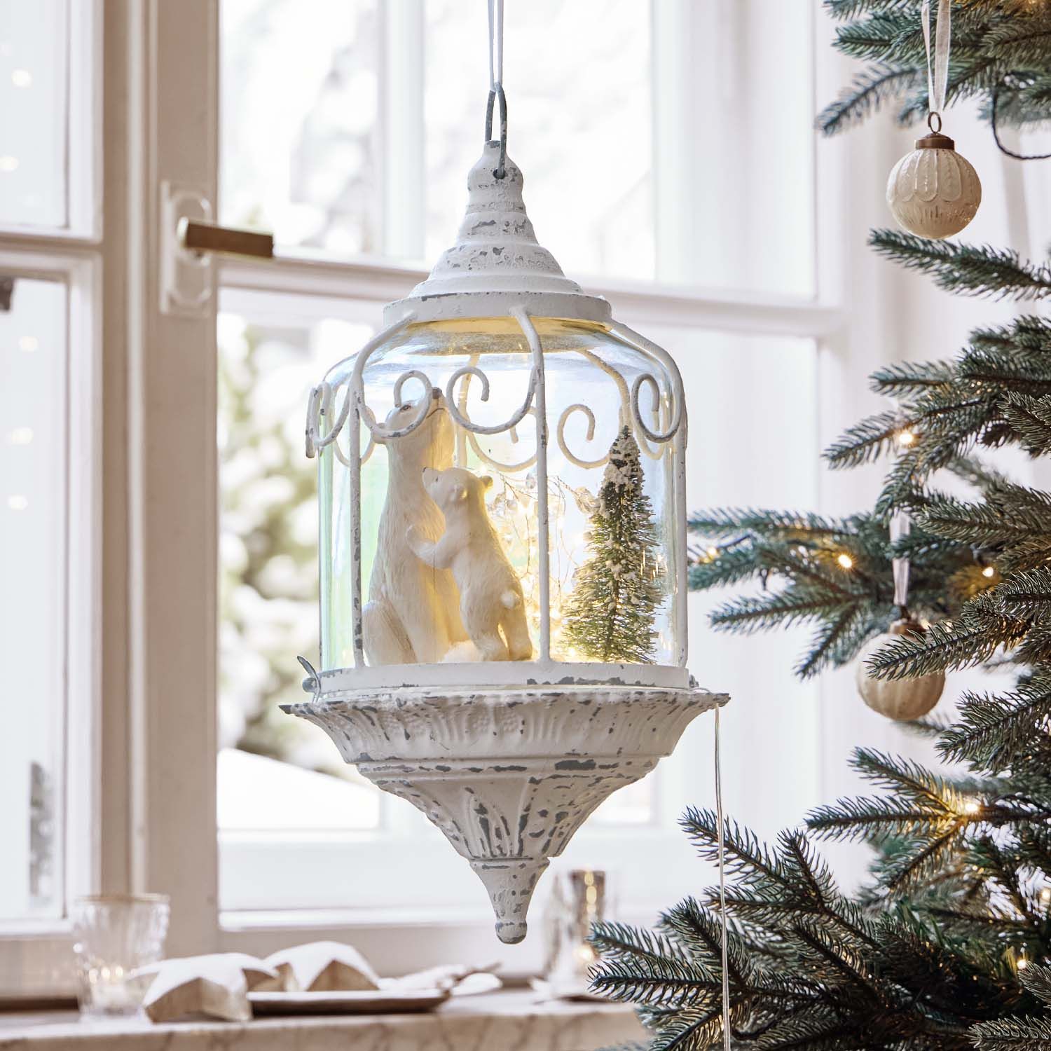Ornate White Lantern with Polar Bear Figures and Fairy Lights — Christmas Lantern Lights