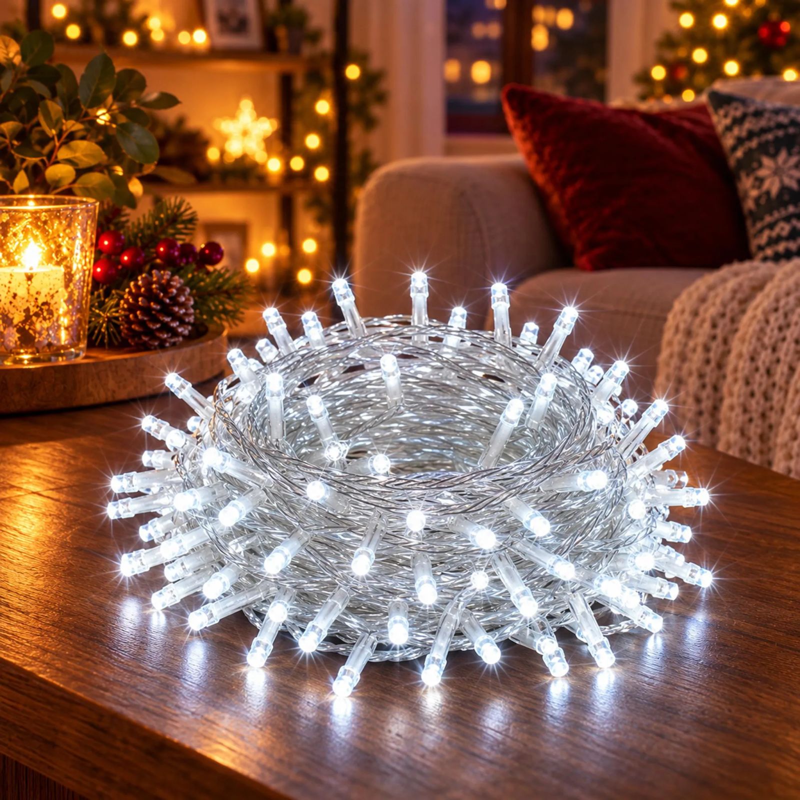 Evening Living Room Tabletop with Coiled White LED Fairy Lights Evening Living Room Tabletop with Coiled White LED Fairy Lights — Christmas Fairy Lights Living Room