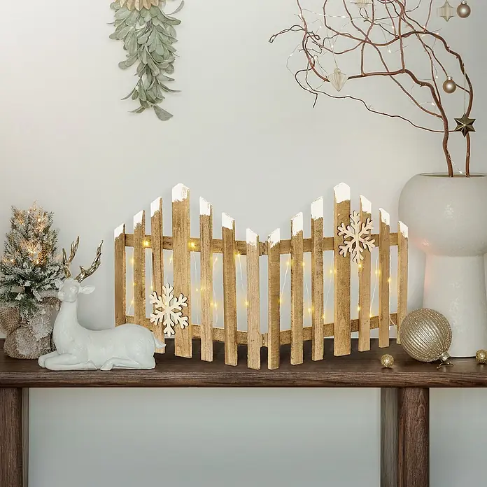 Whimsical Shelf Decor with Light-Up Wooden Fence Whimsical Shelf Decor with Light-Up Wooden Fence — Christmas Shelf Decor