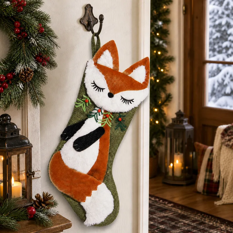 Whimsical Fox Stocking with Festive Greenery — Christmas Stockings Display