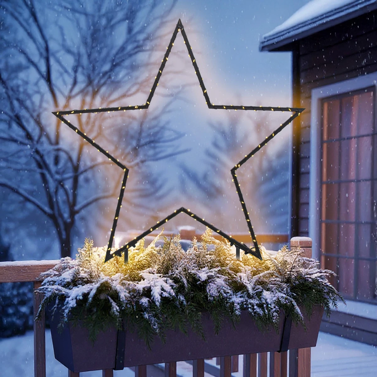 Illuminated Star Light Brightens Deck Planter Box Illuminated Star Light Brightens Deck Planter Box — Christmas Window Decor Outdoor