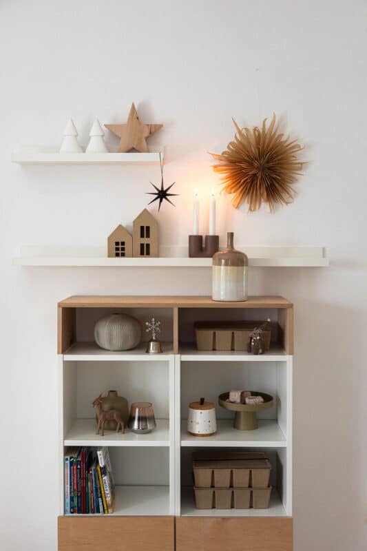 Modern Minimalist Shelf with Geometric Christmas Ornaments Modern Minimalist Shelf with Geometric Christmas Ornaments — Christmas Shelf Decor