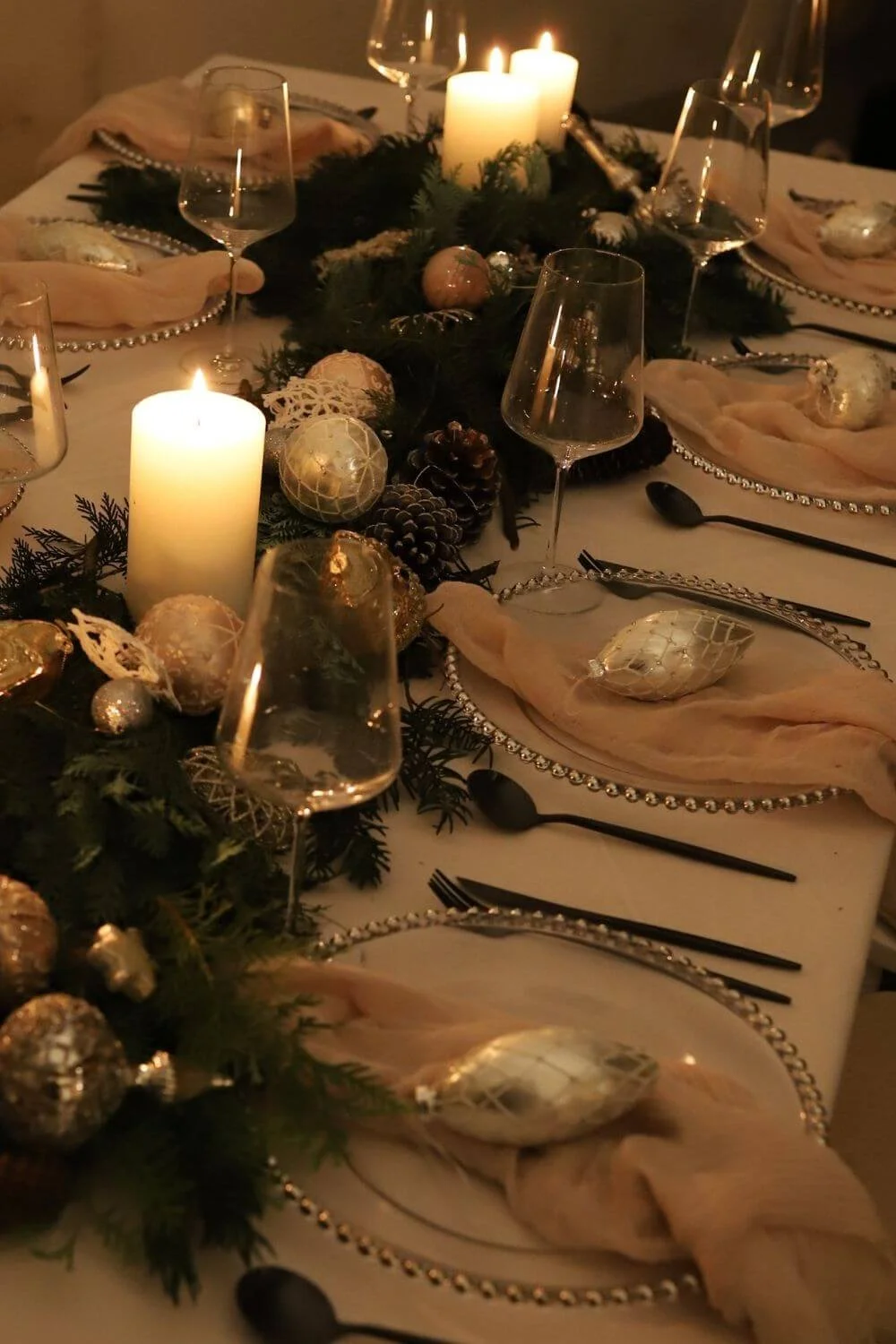 Elegant Winter Glamour with Blush and Silver Accents Elegant Christmas Table Setting
