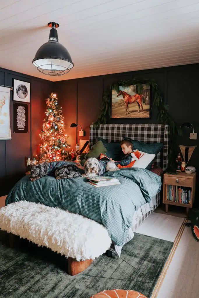 Eclectic Bedroom with Festive Plaid Bedding and Tree — Christmas Bedroom Decor