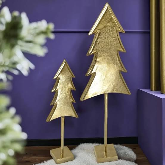 Pair of Gold Metallic Christmas Trees on Stands — Minimalist Christmas Tree