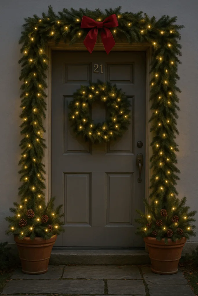 Illuminated Grey Door with Garland and Fairy Lights — Winter Front Door Decor