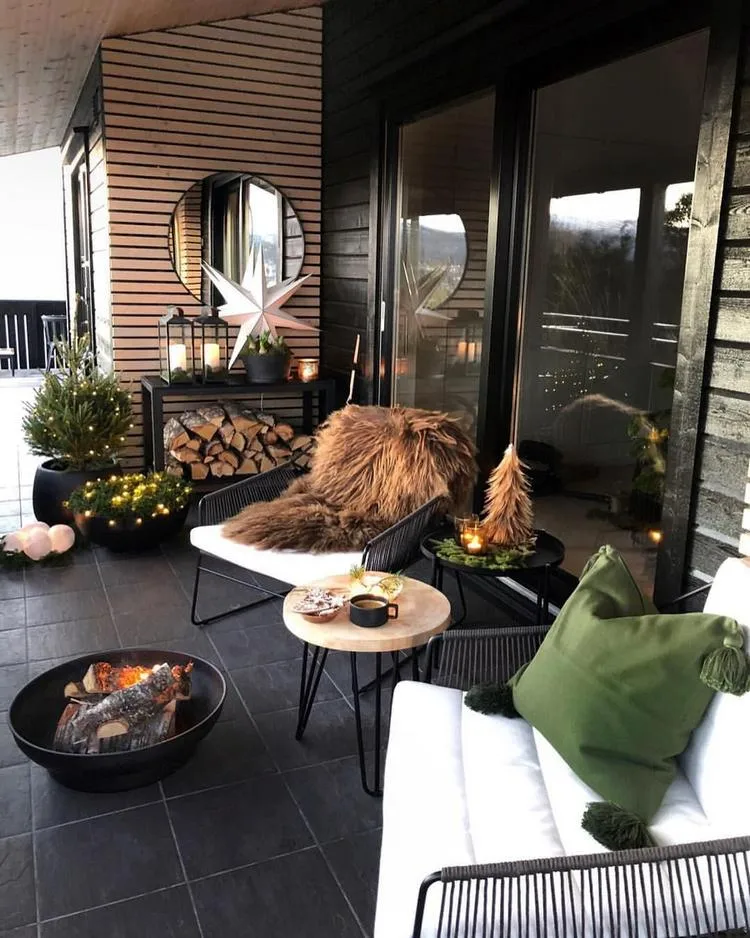 Modern Terrace Seating Around a Fire Pit with Winter Accents — Winter Porch Decor