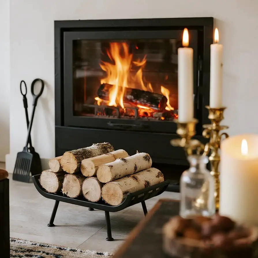 Black Fireplace with Birch Logs and Brass Candlesticks — Christmas Fireplace Decor