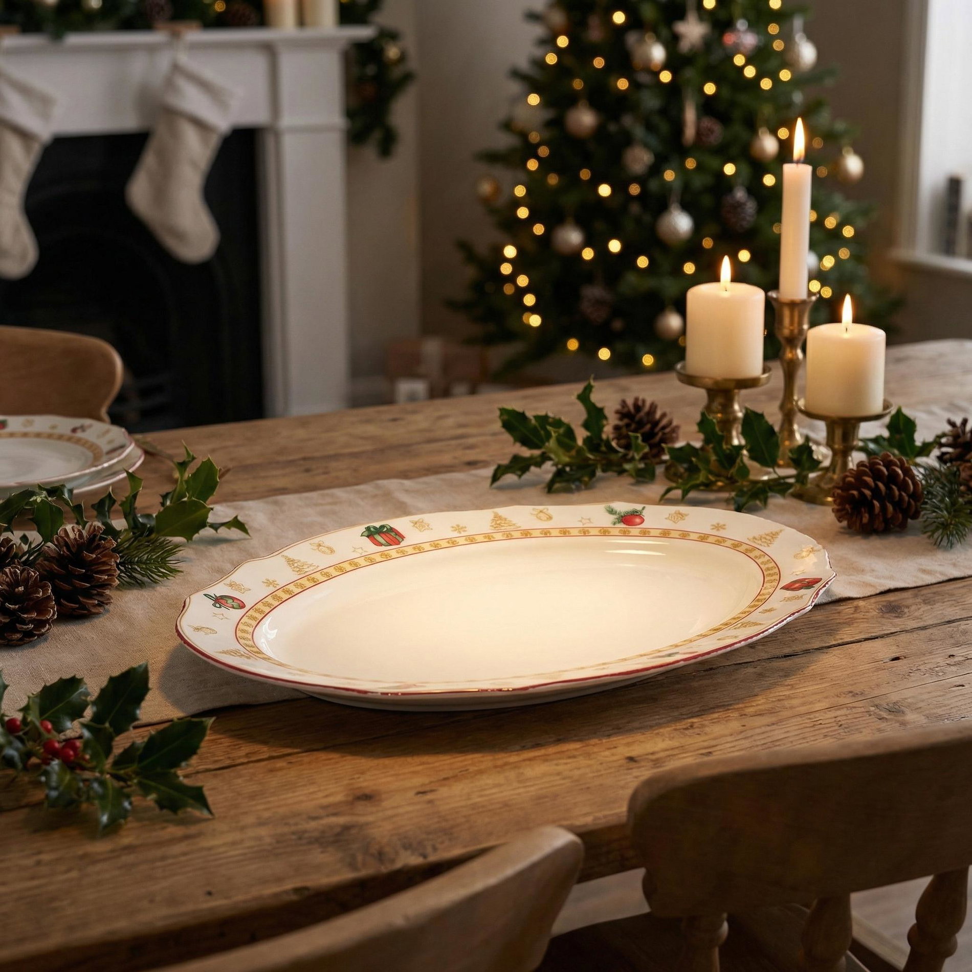 Traditional Oval Platter with Holly and Pinecones — Christmas Tiered Tray