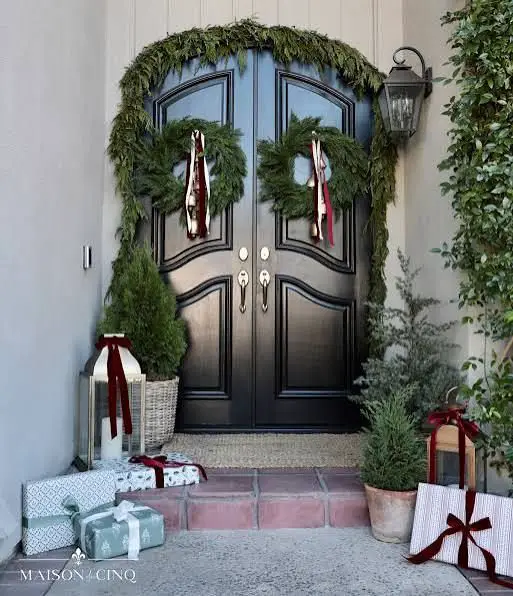 Flank Double Doors with Lanterns for Symmetrical Entryway — Christmas Porch Lanterns