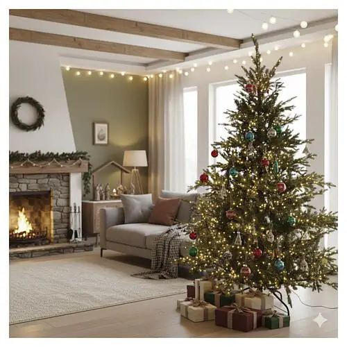 Cozy Living Room with a Red and Green Lit Christmas Tree and Fireplace Cozy Living Room with a Red and Green Lit Christmas Tree and Fireplace — Red and Green Christmas Tree