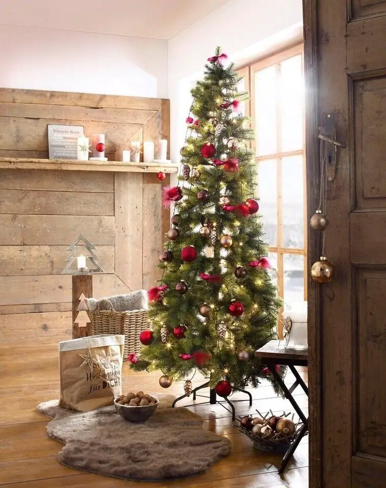 Rustic Living Room Adorned with a Slim Christmas Tree Rustic Living Room Adorned with a Slim Christmas Tree — Slim Christmas Tree Decor