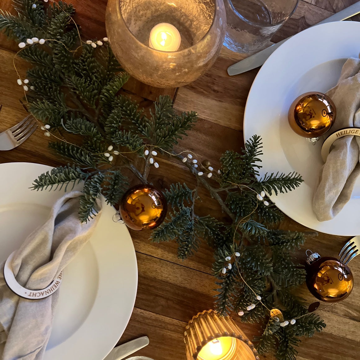 Green Pine Garland with Fairy Lights as a Dining Table Runner — Christmas Garland