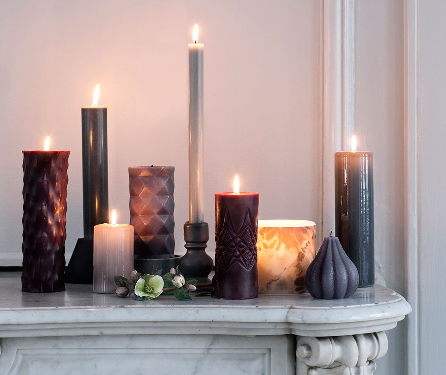 Traditional Hygge Mantelpiece Display of Textured Candles Traditional Hygge Mantelpiece Display of Textured Candles — Hygge Home Decor