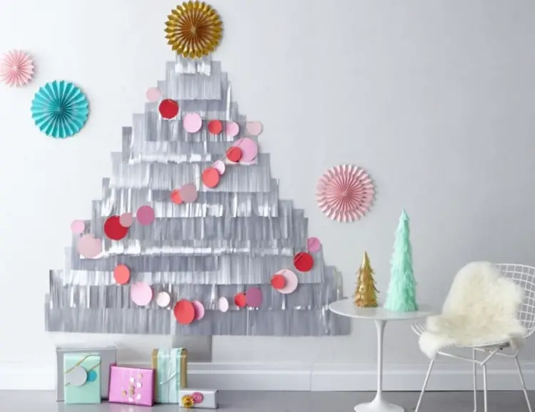 Playful Silver Fringe Wall Christmas Tree with Paper Circles