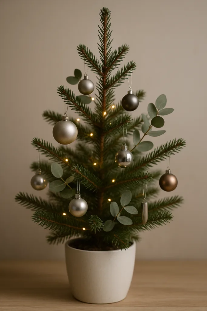 Minimalist Tabletop Tree with Silver Baubles and Eucalyptus — Blue and Silver Christmas Tree