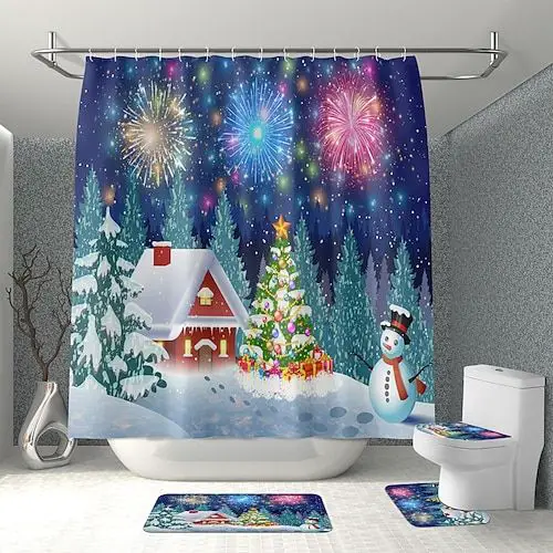 Festive Snowy Village Christmas Shower Curtain Set — Christmas Bathroom Decor