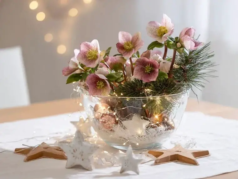 Winter Magic Centerpiece: Hellebores and Fairy Lights — Christmas Wedding Decor