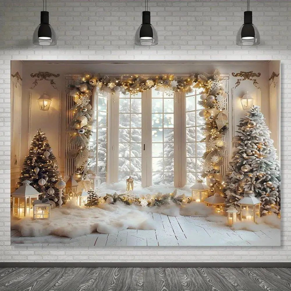 Winter Wonderland Backdrop with Snowy Window and Lanterns — Christmas Party Backdrop