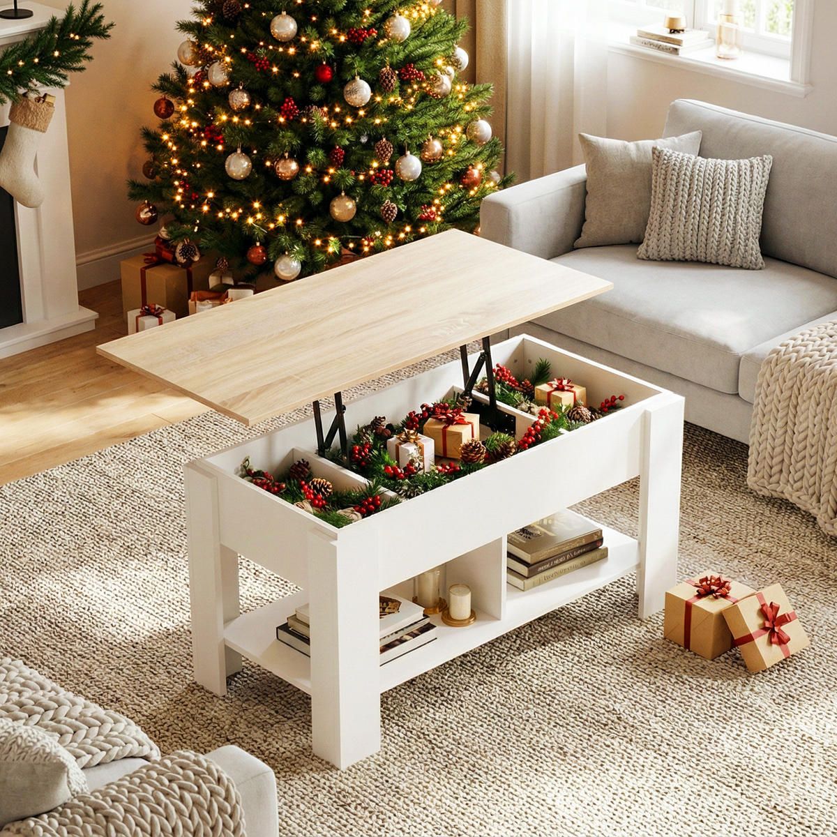 Modern Lift-Top Coffee Table Filled with Christmas Greenery Modern Lift-Top Coffee Table Filled with Christmas Greenery — Christmas Coffee Table Decor