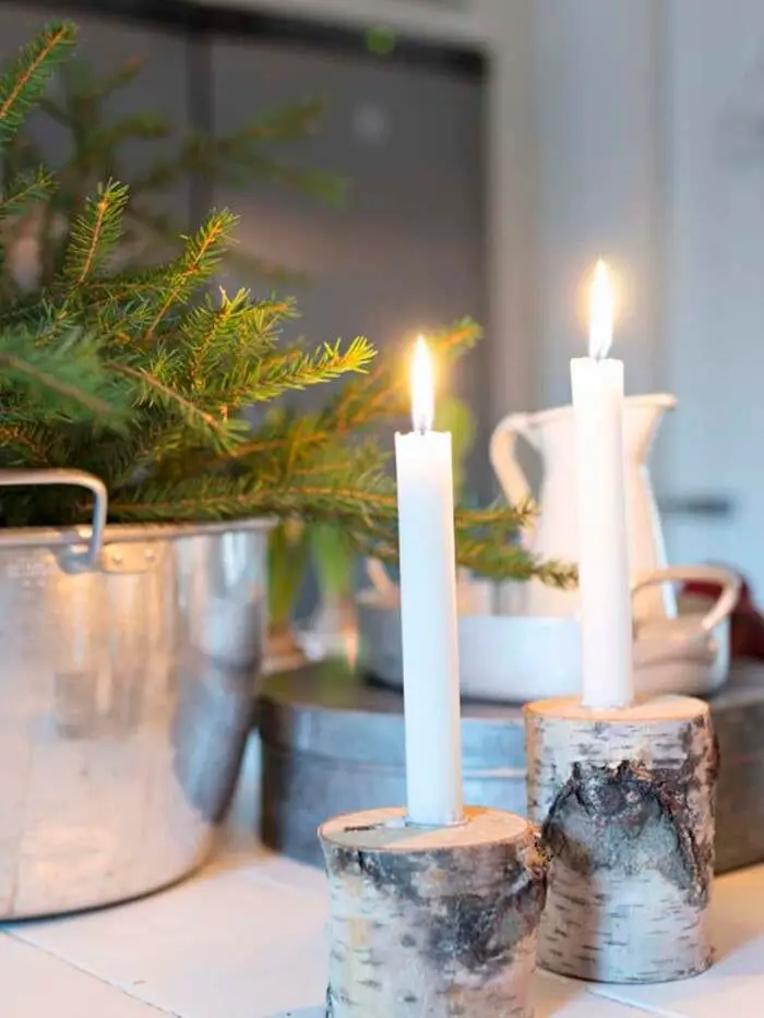 Rustic Kitchen Counter with Birch Log Candle Holders and Pine — Christmas Candle Decor