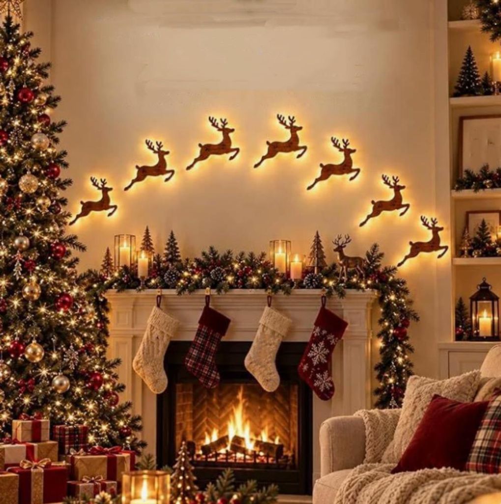 7 Stück Wanddeko für Weihnachten mit Fernbedienung,Beleuchtete Weihnachtsdeko aus Holz