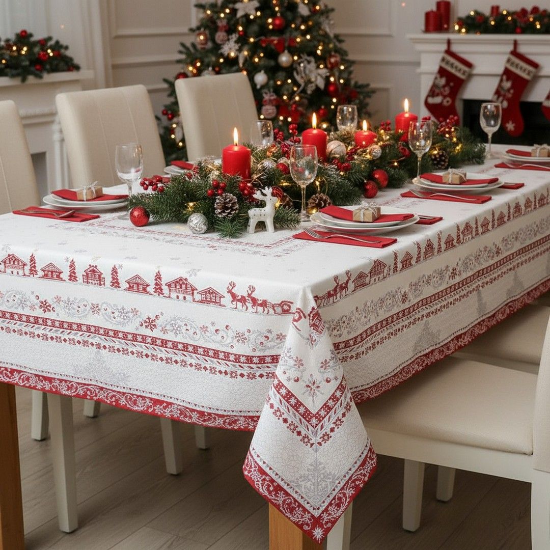 Formal Dining Table with Red and White Patterned Tablecloth Formal Dining Table with Red and White Patterned Tablecloth — Red and White Christmas Tree