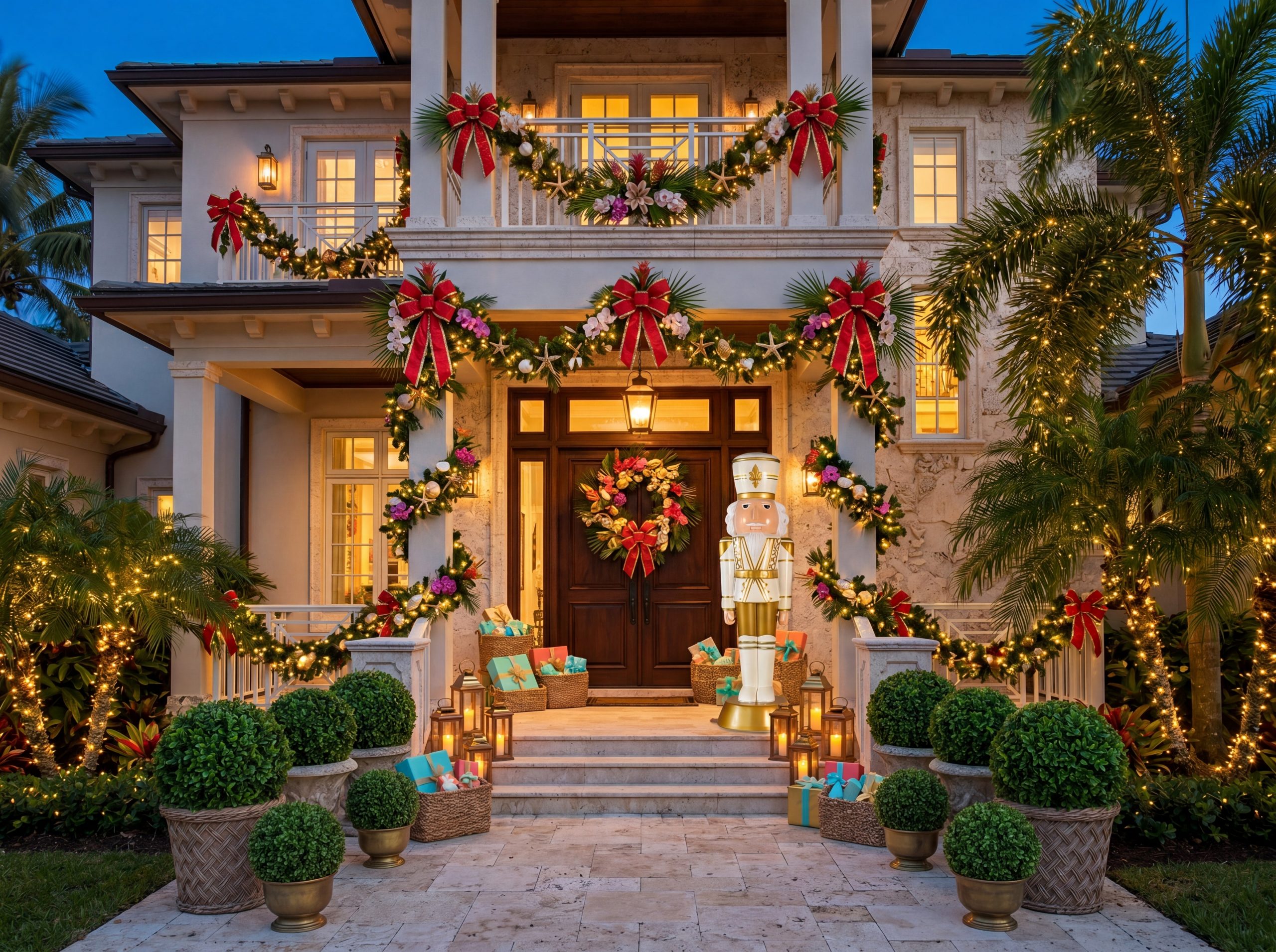 Coastal Christmas Porch Decor with Garlands and Nutcrackers Coastal Christmas Porch Decor with Garlands and Nutcrackers — Coastal Christmas Decor