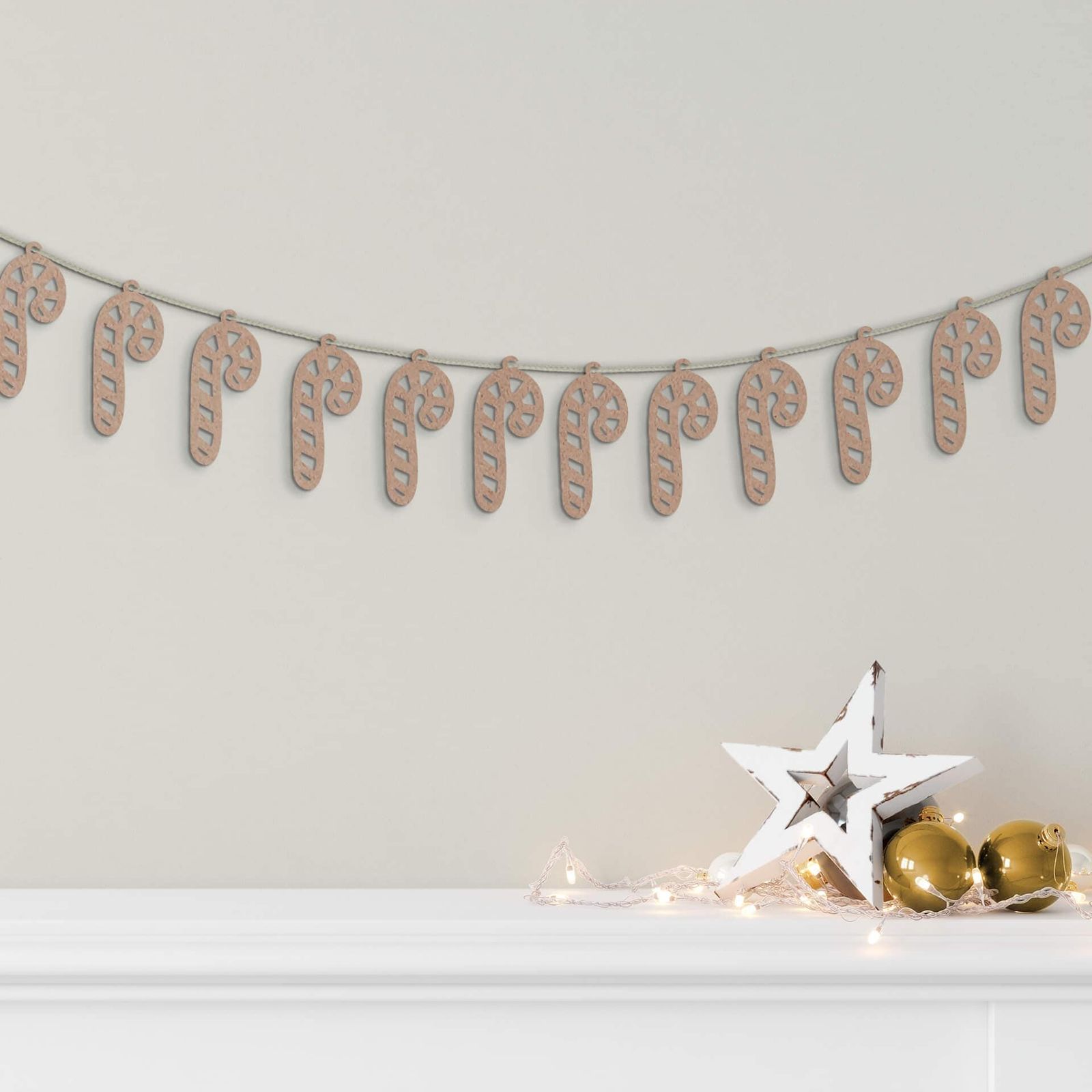 Rustic Wooden Candy Cane Garland on Mantelpiece Rustic Wooden Candy Cane Garland on Mantelpiece — Candy Cane Christmas Decor