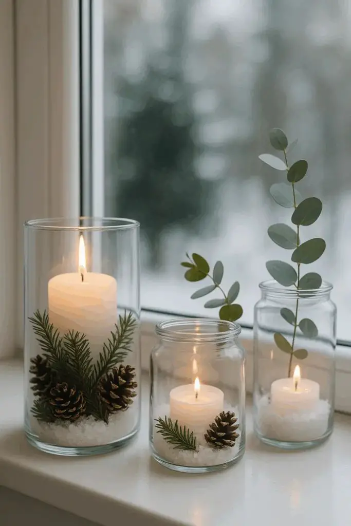 Rustic Jar Candles with Natural Elements — Christmas Window Candles