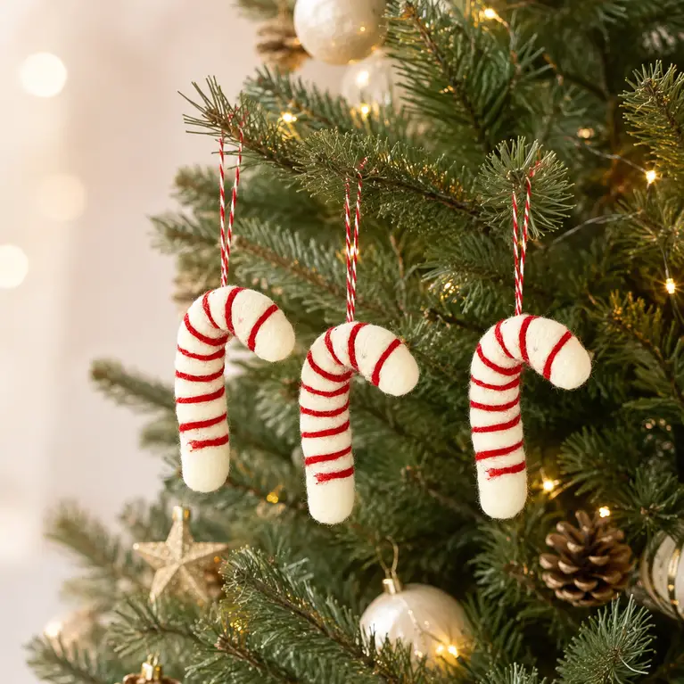 Cozy Christmas Tree with Felt Candy Cane Ornaments — Candy Cane Christmas Tree