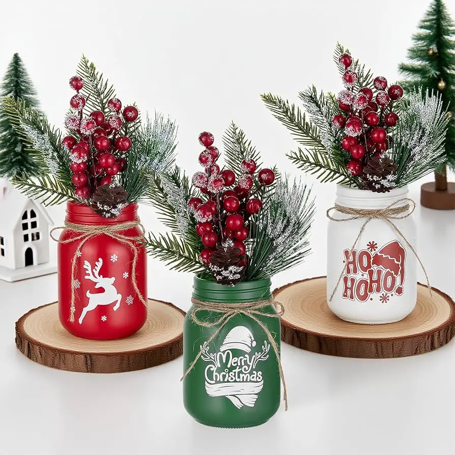 Festive Decorative Jars with Christmas Motifs and Twine Festive Decorative Jars with Christmas Motifs and Twine — Christmas Wedding Centerpiece