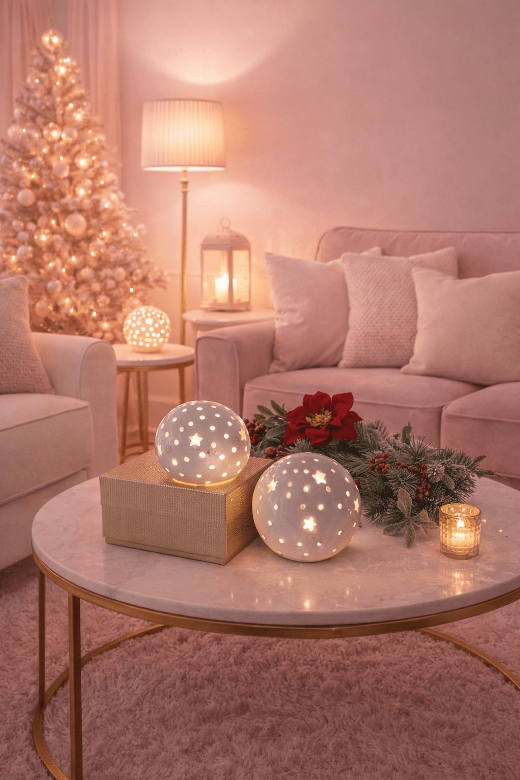 Glamorous Marble Coffee Table with Glowing Ceramic Orbs Glamorous Marble Coffee Table with Glowing Ceramic Orbs — Christmas Coffee Table Decor
