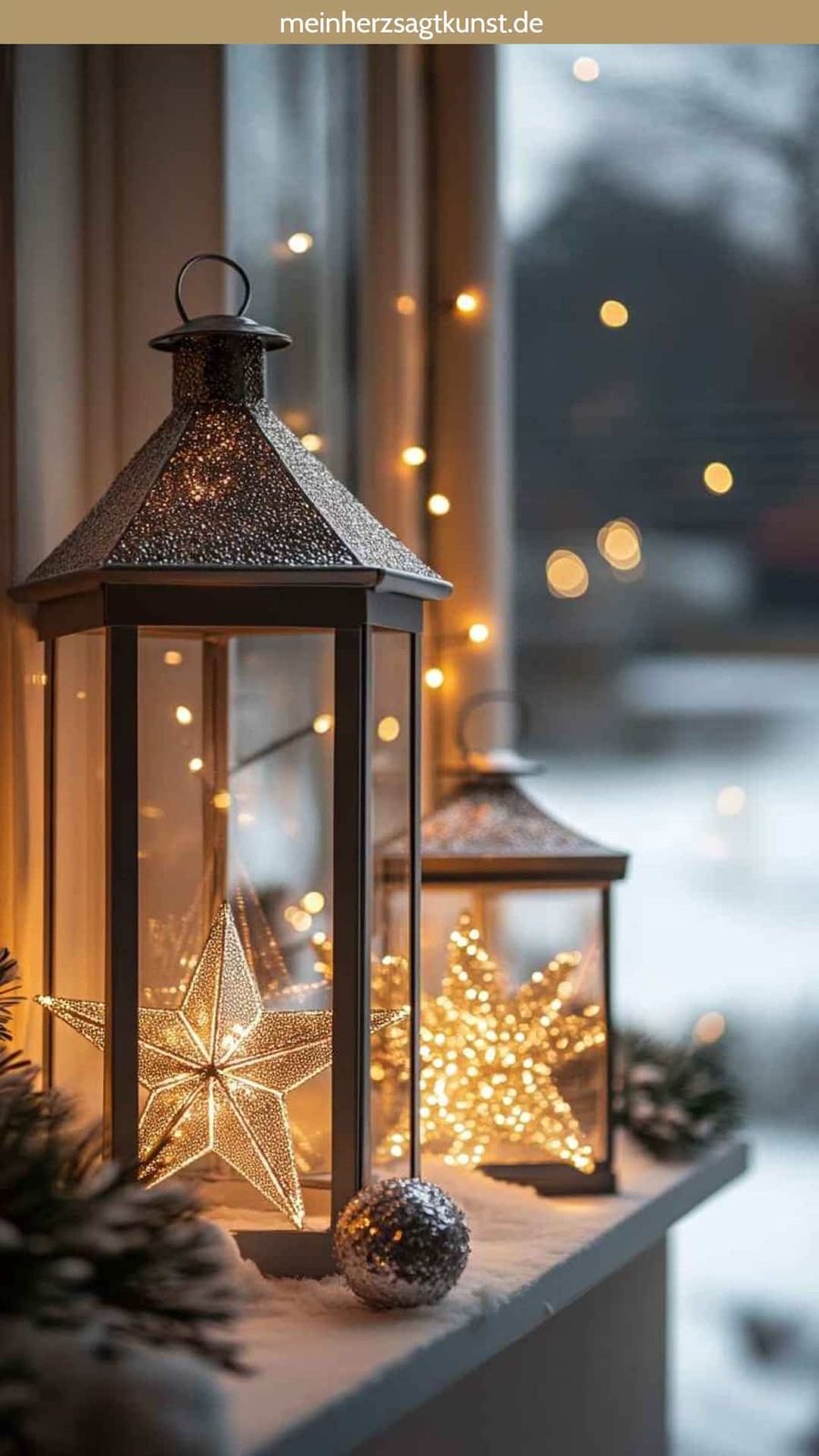 Traditional Black Metal Lanterns with Starburst Lights on a Windowsill — Christmas Lantern Lights