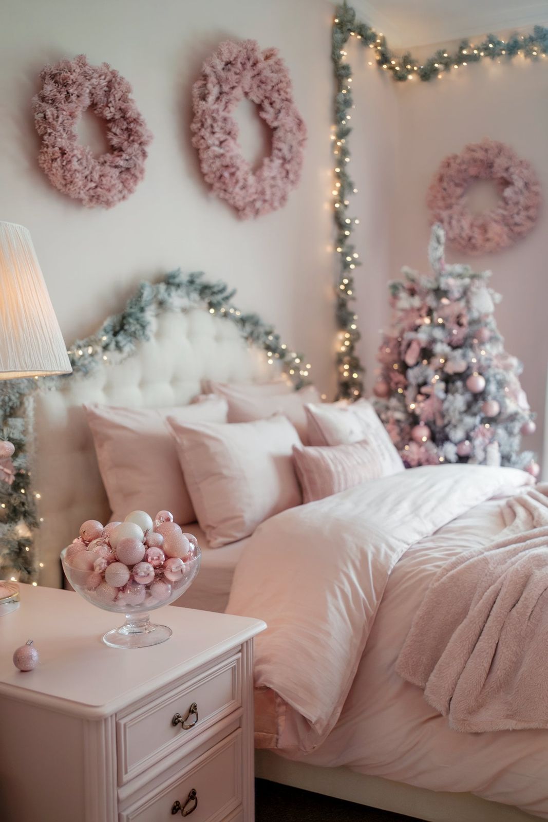 Shabby Chic Bedroom with Pink Flocked Tree and Wreaths — Christmas Bedroom Decor