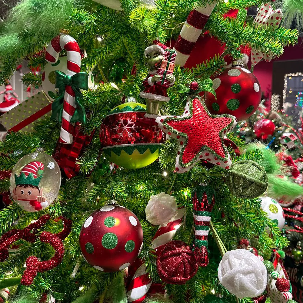 Playful Christmas Tree Ornaments: Candy Canes, Stars, and Polka Dots Playful Christmas Tree Ornaments: Candy Canes, Stars, and Polka Dots — Red and Green Christmas Tree