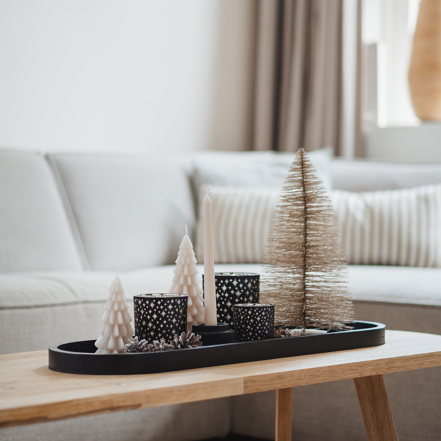 Minimalist Black Tray with White Trees and Gold Accents — Christmas Tiered Tray