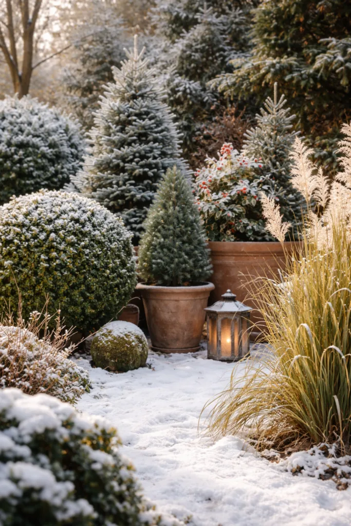 Serene Garden with Snow-Covered Evergreens and Lit Lantern — Winter Porch Decor