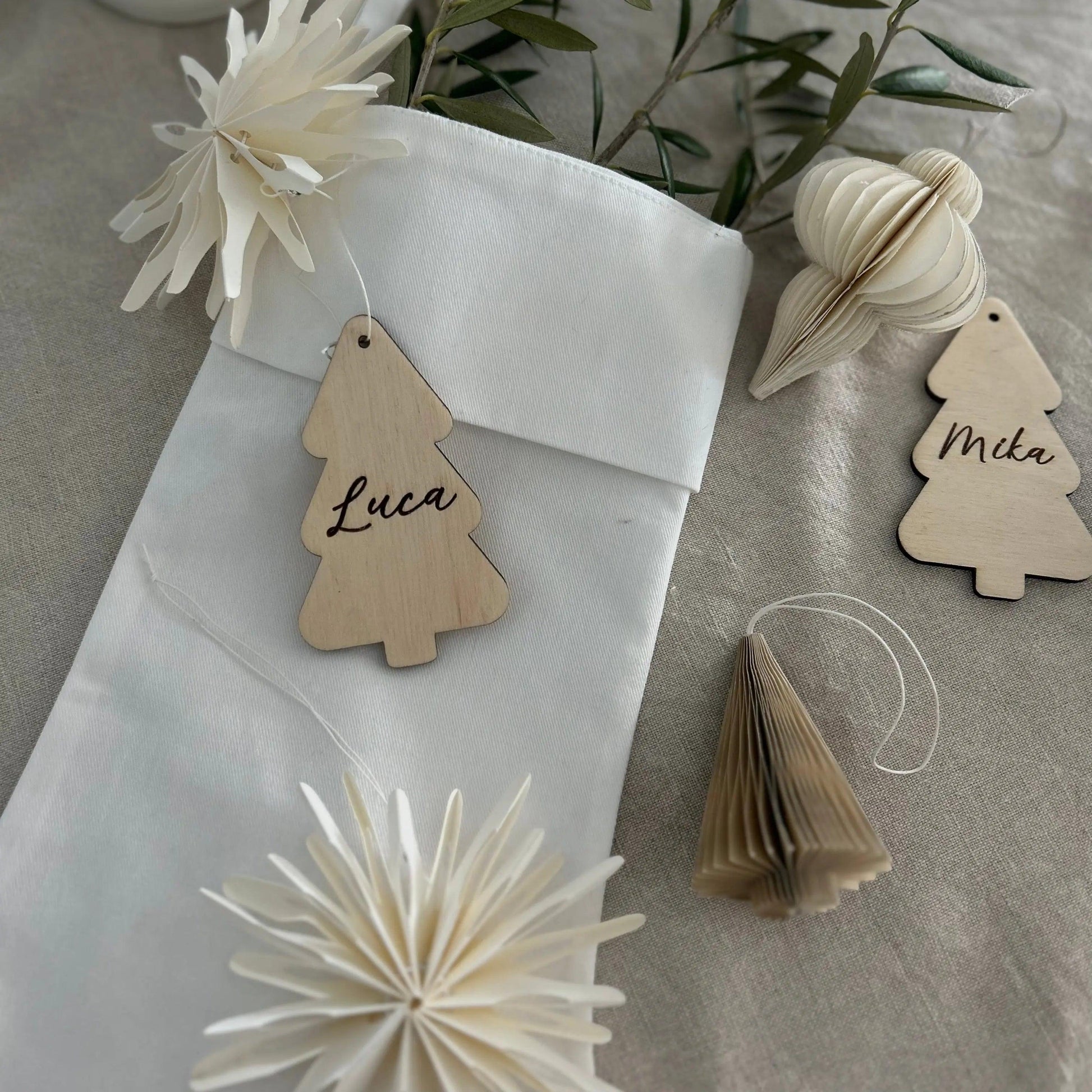 Scandi Style Linen Stocking with Wooden Tree Tags — Christmas Stockings Display
