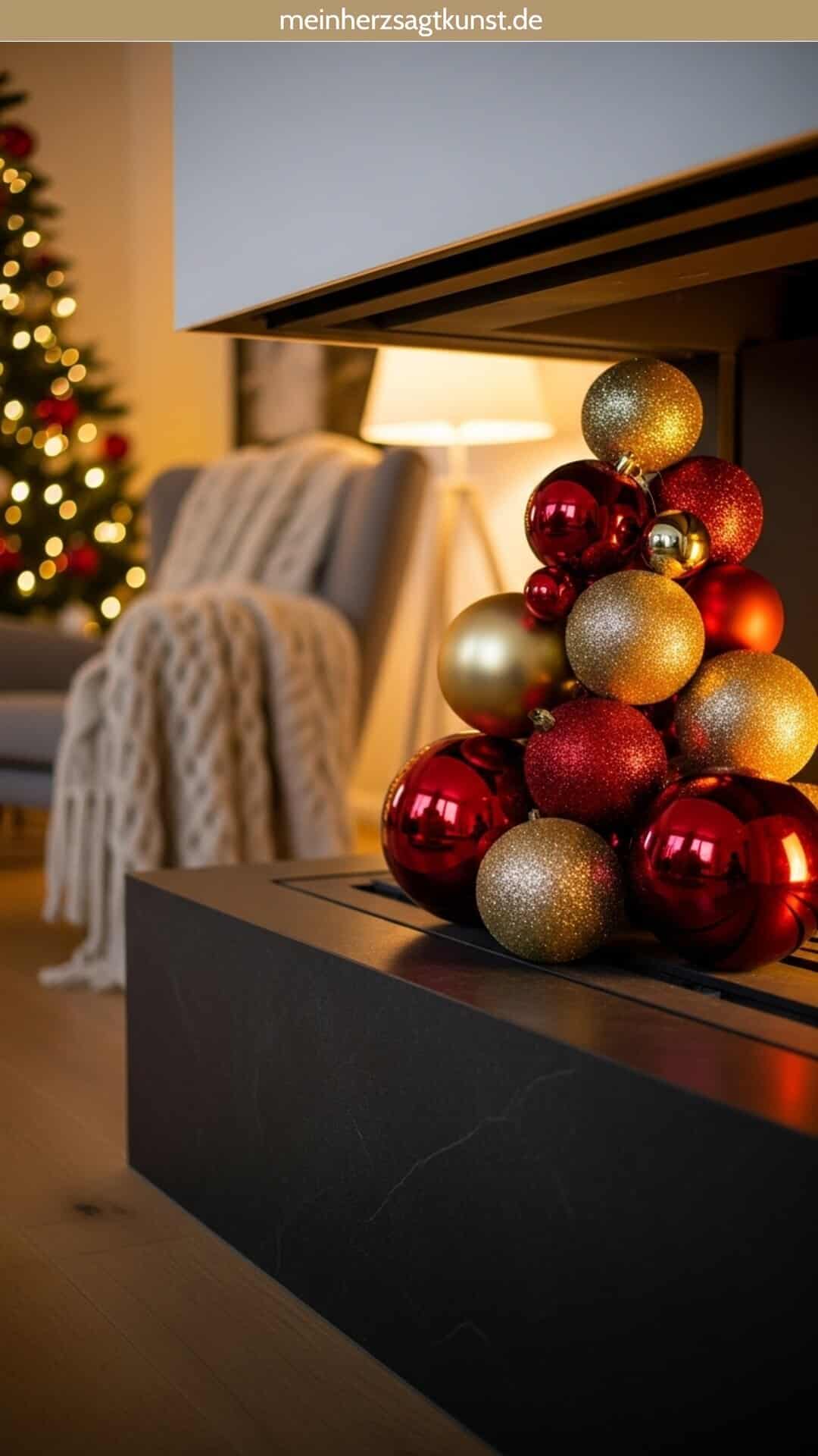 Pyramid of Red and Gold Baubles on a Fireplace Hearth Pyramid of Red and Gold Baubles on a Fireplace Hearth — Red and Gold Christmas Decor
