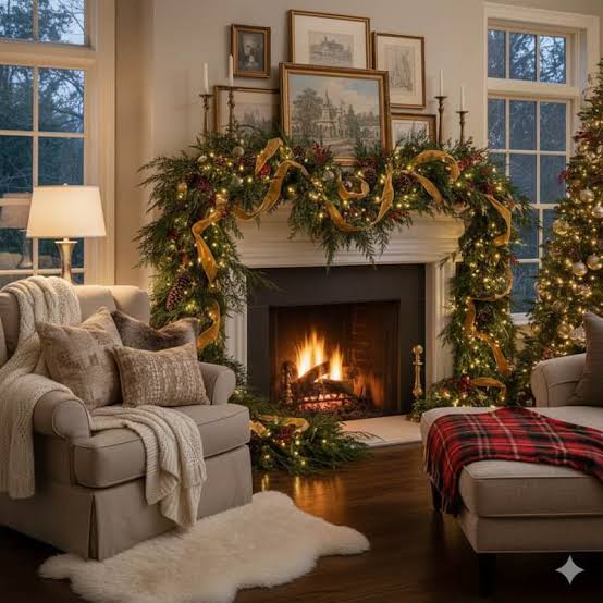 Cozy Living Room with a Decorated Fireplace — Elegant Christmas Decor