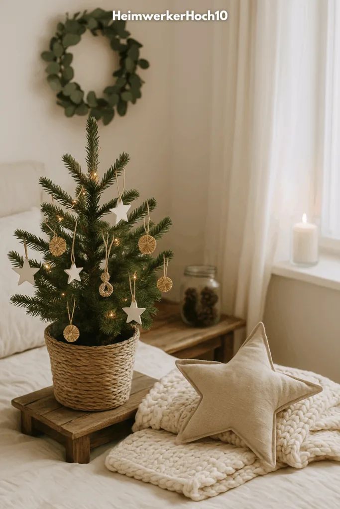 Cozy Christmas Tree Vignette on a Bed Cozy Christmas Tree Vignette on a Bed — Small Christmas Tree Decor